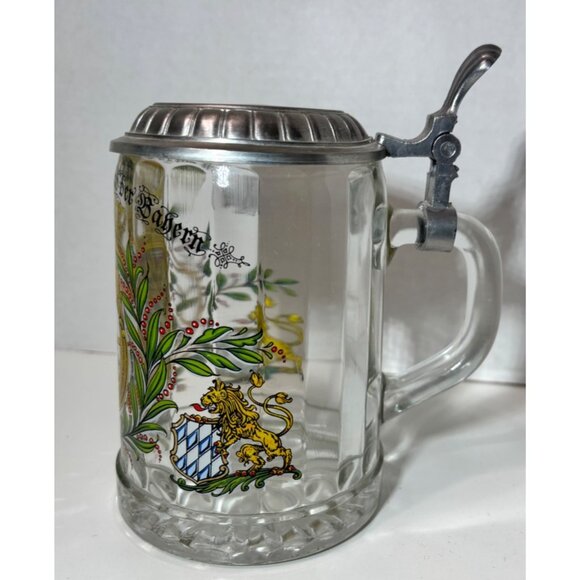 Vintage German Glass Beer Stein With Lid & Bavaria Coat Of Arms Design - Picture 3 of 10
